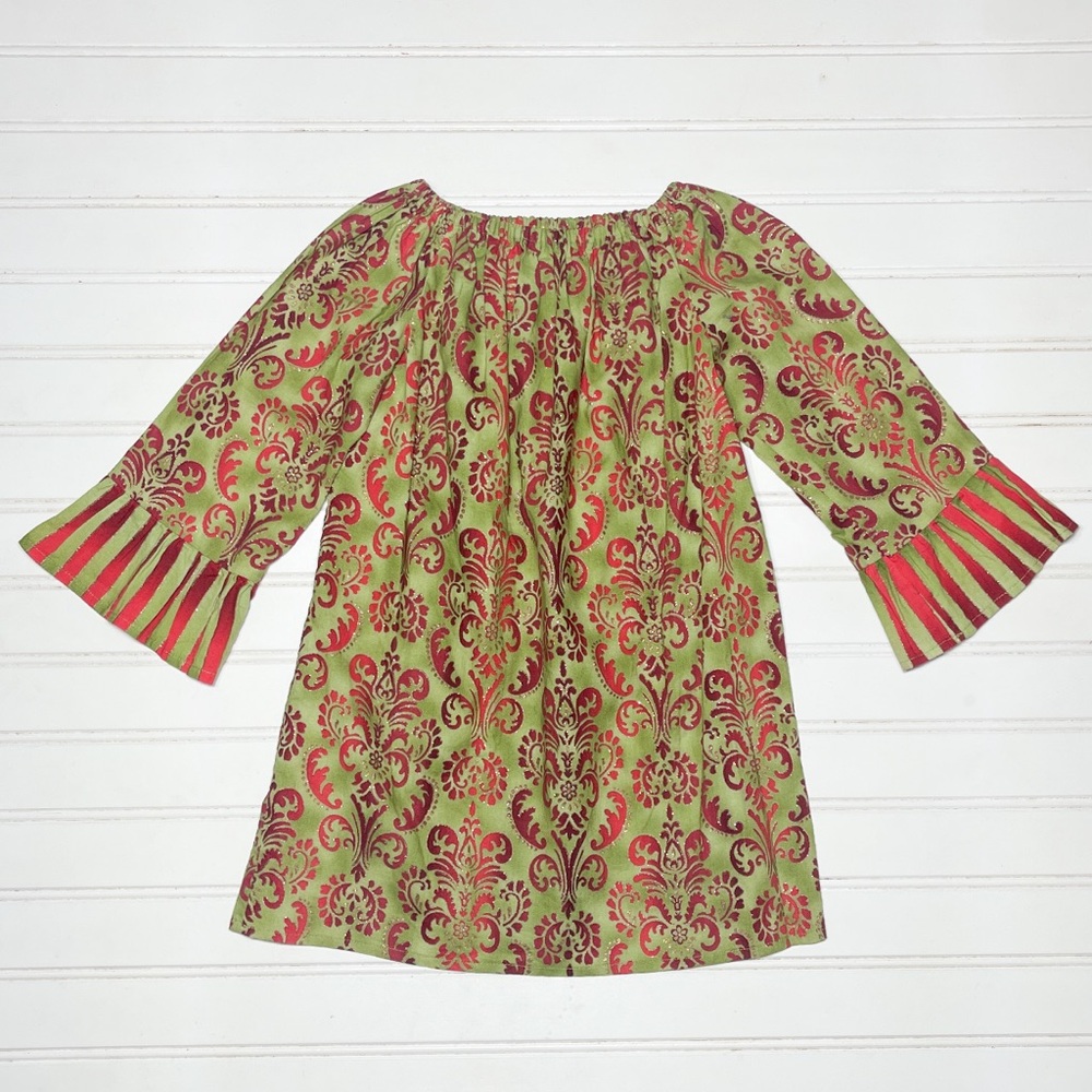 CUSTOM MADE EUC/LN Metallic Woven Damask Floral Pattern Bell Sleeve Dress
